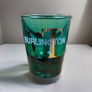 Burlington Vermont Shot Glass Souvenir Green & Gold Spell Out With Overlay 2.5”